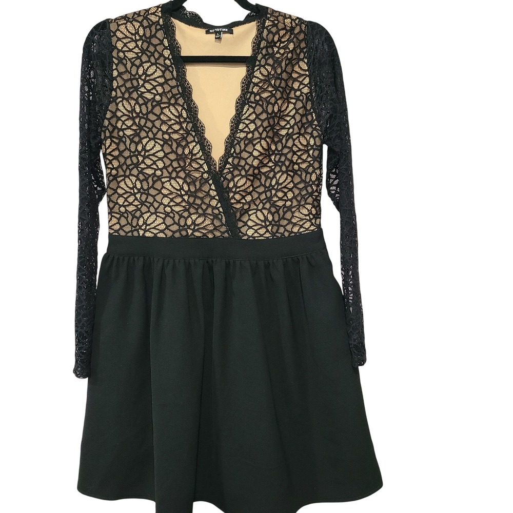 Goodtime Womens Black Lace Long Sleeve Fit & Flare‎ Mini Dress Nude Lining Large